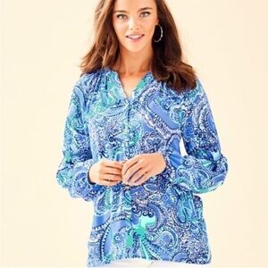 Lilly Pulitzer Blue and Green Paisley Blouse